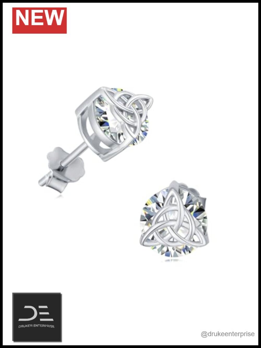 Moissanite Stud Earrings Celtic Knot 925 Sterling Silver 18K White Gold Plated
